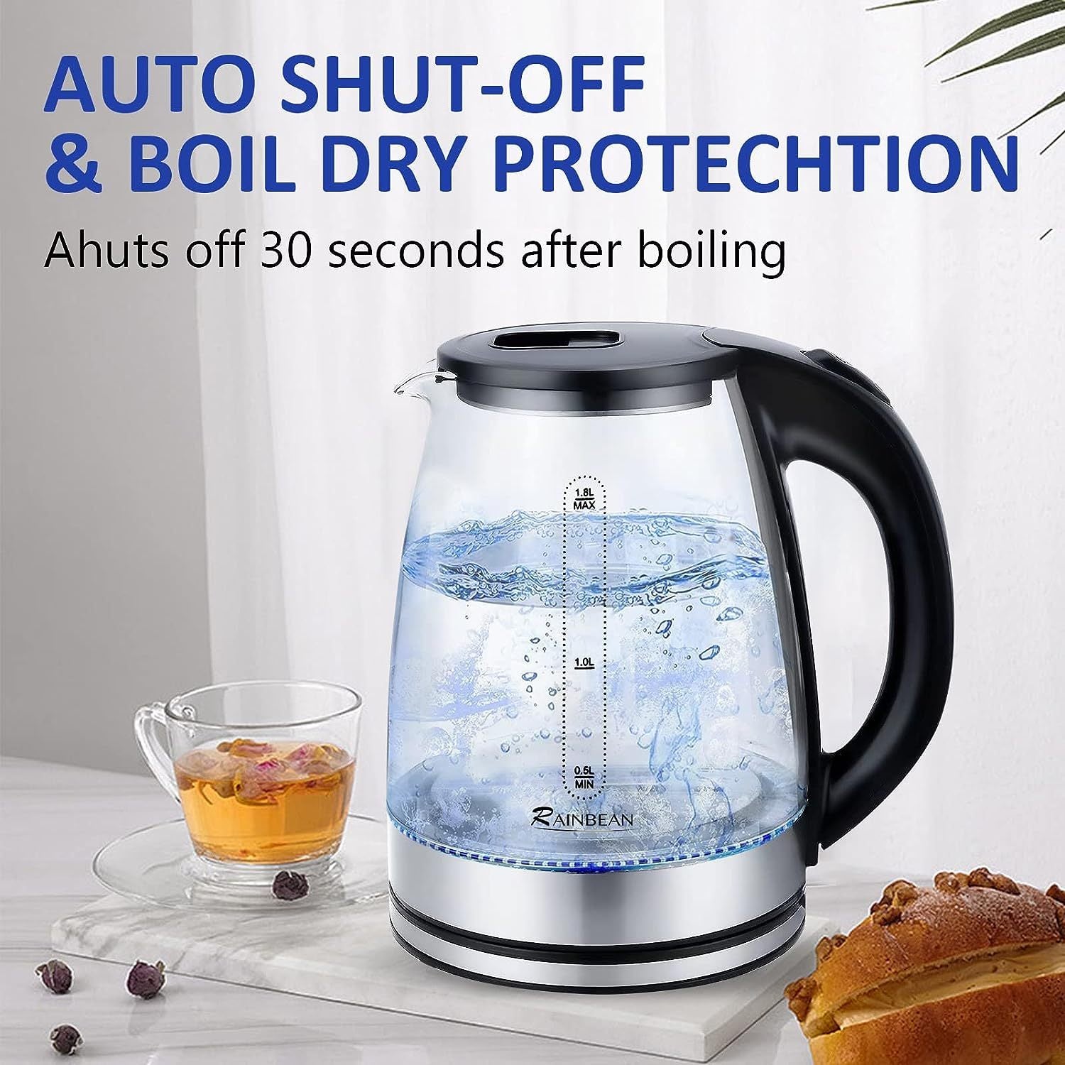 1.8L Electric Glass Kettle with LED & Auto Shut-Off