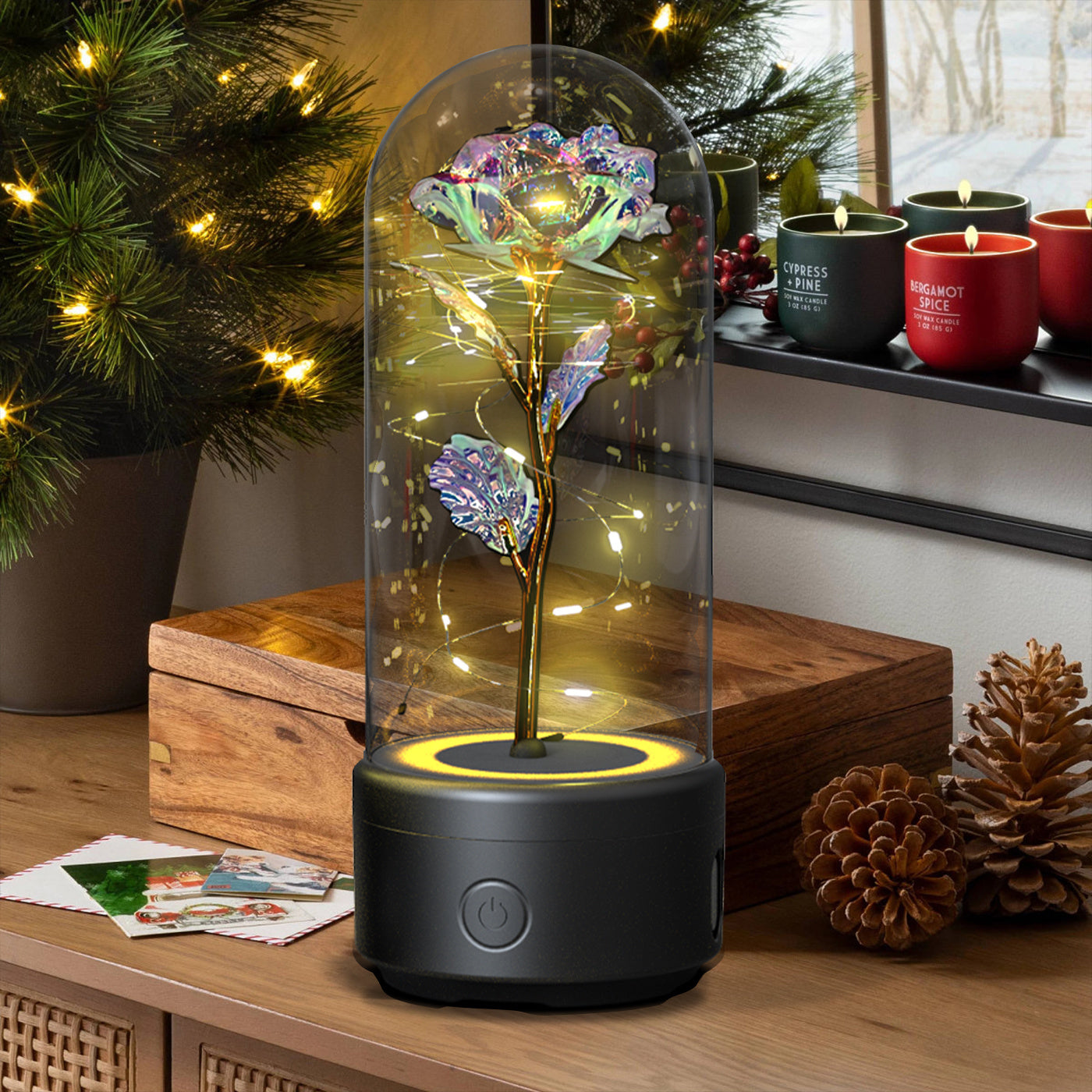 2-in-1 Rose LED Light & Bluetooth Speaker in Glass Cover