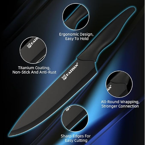 16 Pieces Kitchen Knife Block Set With Cutting Board, German Stainless Steel Knife Set With Sharpener, Dishwasher Safe, Anti-Slip Handle, 6 Steak Knives, Black